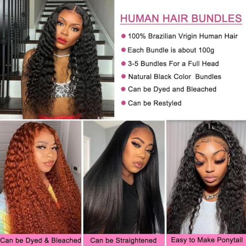 Deep Wave Human Hair Bundles 18 20 22 Inch Deep Curly Bundles Human Hair 12A Unprocessed Brazilian Virgin Weave 3 Bundles Double Weft Remy Hair Bundles Full and Thick