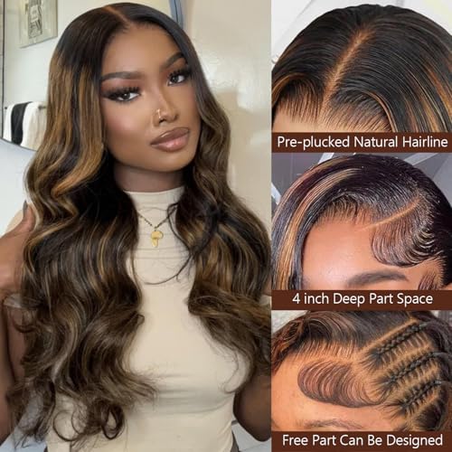 IDHERE 22 Inch Ombre Lace Front Wig Human Hair Pre Plucked 1B/30 Highlight 13x4 Lace Front Wigs Human Hair 180% Density Body Wave Colored Wigs Brown Glueless HD Lace Frontal Wigs for Women