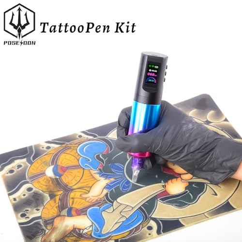 Tattoo kit POSEIDON, Tattoo Pen Kit with 20 PCS Tattoo Cartridge Machine, Tattoo Pen with 1800mAh Capacity Wireless Power, Tattoo Gun kit with Japan Coreless Motor Digital Display for Tattoo Equipment