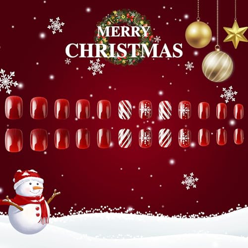 24Pcs Christmas Red Press on Nails - Short Square Snowflake False Nails With Red White Stripe Design - Full Cover Coffin Winter Glossy Glue on Nails for Women