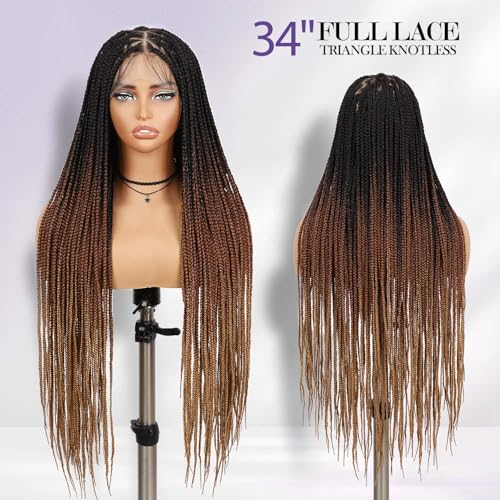 360 Full Lace Knotless Box Braided Wig, Long Black Synthetic Hair, Triangle Lace Front (Ombre Brown Blonde, 34 inches)