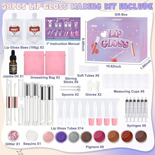 Lip Gloss Making Kit, 58PCS DIY Lip Gloss Kit, Lipgloss Making Kit for Women, Beginner, Girls, Moisturizing Lipgloss Base Moist, Double-Ended Tubes, Jojoba Oil, Tween Girls Gift Trendy Stuff