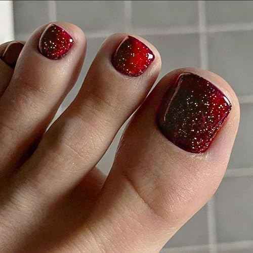 Red Sparkly Press on Toenails Short Square Fake Toe Nails Glossy Red Solid Color Glitter Full Cover Artificial Stick on Toenails for Women Girls Winter Christmas Manicure 24Pcs