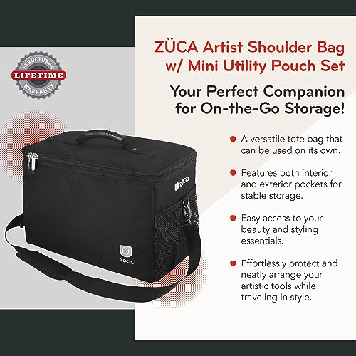 ZUCA MakeUp Artist Shoulder Bag w/Durable Utility Pouch Combo, MakeUp Organizer Bag -Lightweight,Versatile Multi-Compartment Design For Cosmetic Organization,Ideal For Travel & Makeup Sessions, Black