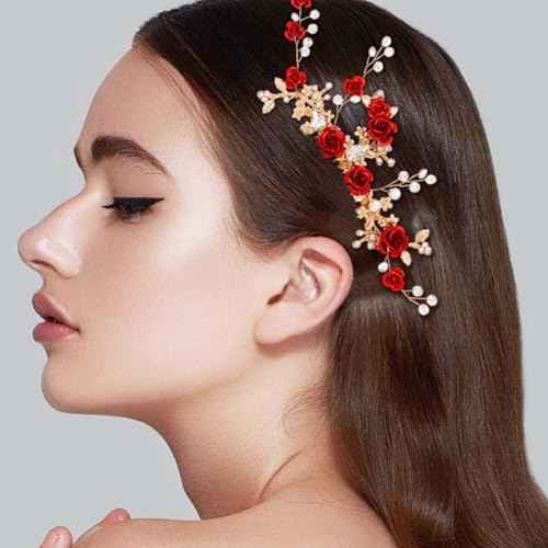Foyte Crystal Flower Wedding Hair Comb Red Rose Headpiece Gold Hair Piece Bride Pearl Hair Accessories for Women