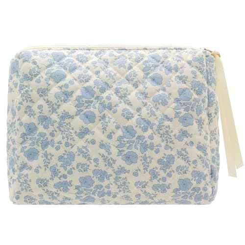 PAZIMIIK Quilted Makeup Bag Large Travel Zipper Soft Cosmetic Pouch for Women Girls Make Up,Little Flower Blue