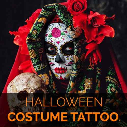 12 PCS Day of the Dead Costume Tattoos for Halloween - Temporary Sugar Skull Face Stickers for Makeup, Masquerade, Parties. Halloween tattoos, Face & Body Tattoos for Events. Day of the Dead Tattoos