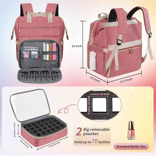 LTINVECK Nail Polish Organizer Case Backpack Holds 70 Bottles (15ml/0.5fl.oz)& Nail Lamp, 2 Layers Detachable Nail Kit Storage Case, Large Travel Nail Supplies Shoulder Bag for Manicure Tools (Pink)