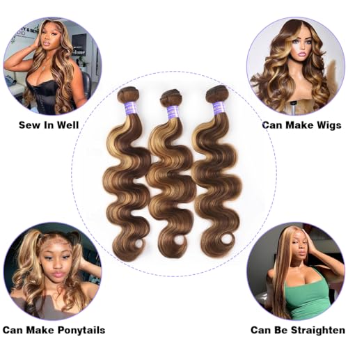 Perstar Highlight Human Hair Bundles Honey Blonde Body Wave 3 Bundles 16 18 20 Inches 100% Brazilian Virgin Hair Ombre 4/27 for Women Colored Human Hair Sew In Weave