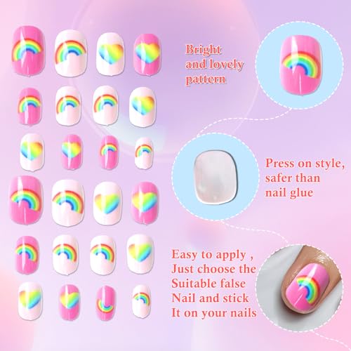 AddFavor 120pcs Press on Nails for Kids, Full Cover Short Fake Nails for Kids Cute Acrylic Nails Press ons Nail Kit for Children Little Girls Nail Art Decoration