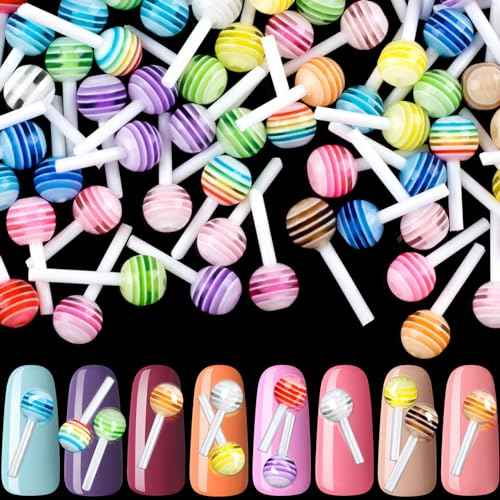Joez Wonderful 50pcs Lollipop Candy Nail Charms, Kawaii 3D Nail Art Charm for Design, Mini Cute Sugar Colorful Acrylic Decoration Nail Supplies Accessories for Craft Valentines Christmas