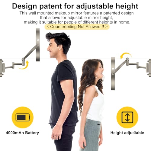 9" Wall Mounted Lighted Makeup Mirror,4000mAh Rechargeable Double Sided 1X/10X Magnifying Mirror with Light,3 Color Lights,Touch Dimmable,Extended Arm 360 Rotation Wall Mounted Makeup Mirror