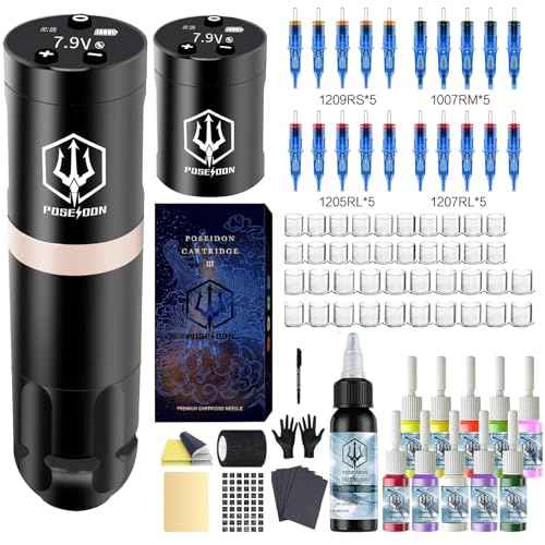 POSEIDON Cordless Rotary Tattoo Machine Kit with 20 Tattoo Cartridge Needles, Ink Set & 2 Rechargeable Batteries | Professional Portable Tattoo Gun for Beginners | Complete Starter Supplies(HM124)