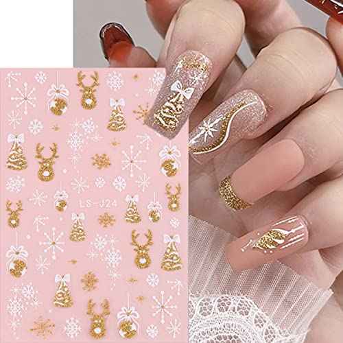 6 Sheets 3D Snowflakes Nail Art Stickers Self-Adhesive Nail Art Supplies Christmas Nail Stickers White Gold Design Shiny Frosted French Stripe Elk Xmas Tree Winter Nail Decals for Women DIY Nail Decor