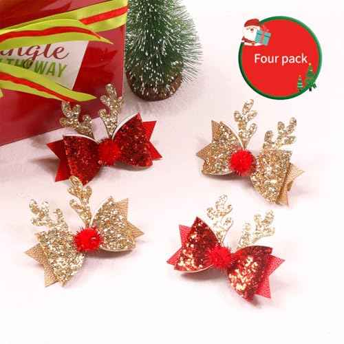 4 Pcs Christmas Hair Clips for Kids Toddler Girls Cute Reindeer Antler Bows Barrettes Gold Red Sequins Hairpin Hair Accessories for Toddlers Women Birthday Party Favor Gifts (4 Pcs)