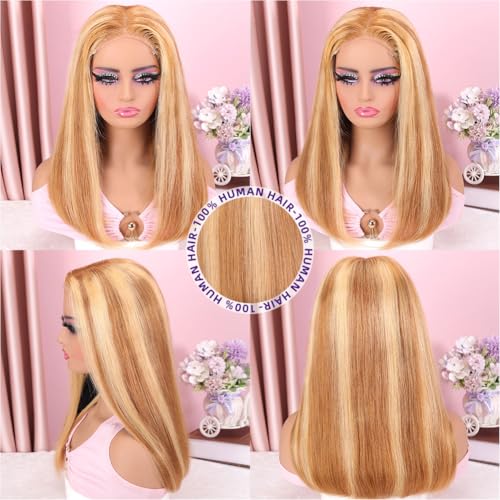 Highlight Bob Wig Human Hair 5x5 HD Lace Closure Wear and Go Pre Everything Glueless Wig Human Hair 200 Density Real Hair Wigs for Black Women Virgin Hair Straight Wigs 18 Inch Highlight 4/27#