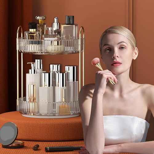 YCIA&DONE 360 Rotating Makeup Organizer and Storage for Vanity Bathroom Countertop, High Capacity Cosmetic Skincare Perfume Organizers for Dresser Lazy Susan (Clear White,2 Tiers)