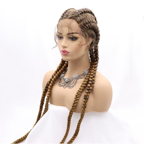 xiweiya 36”Long Blonde Brown Braided Wig 100% Hand Braided Brown Twisted Braids 360 Swiss Lace Front Wig Light Brown Double Dutch Braided Wigs with Baby Hairs for Women