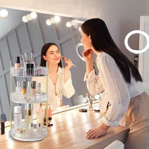 360¡Æ Rotating Makeup Organizer, Large-Capacity Skincare Make Up Storage 3 Tier Perfume Organizers Cosmetic Dresser Organizer with Makeup Brush Holder, Fits Bedroom, Bathroom, Vanity Shelf Countertop