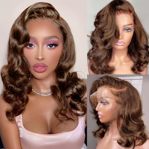250 Density Body Wave Chocolate Brown Wig, 13x6 Lace Front Wigs Human Hair Pre Plucked, 100% Real Human Hair 4# Brown Wig for Women 16 Inch