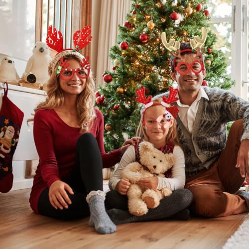 Giegxin 64 Pcs Christmas Glasses Frame and Headbands Set with 32 Cute Party Headband and 32 Funny Eyewear Xmas Hair Headwear for Christmas Xmas Holiday Party Favors