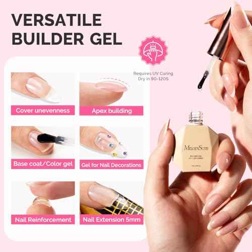 MelodySusie Clear Builder Nail Base Gel for Nails Thickening, Soak Off UV Extension Gel, Rhinestone Nail Glue in a Bottle for Nail Art Design Salon DIY Manicure at Home Gift for Women
