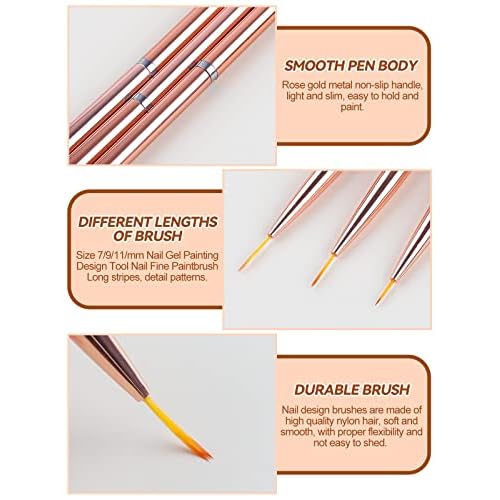 TOROKOM 3Pcs Nail Art Liner Brushes Thin Nail Art Brush Fine Nail Art Striping Brush for Nails Gel Polish Painting Design Brushes Pen Set for Striping, Detail Pattern