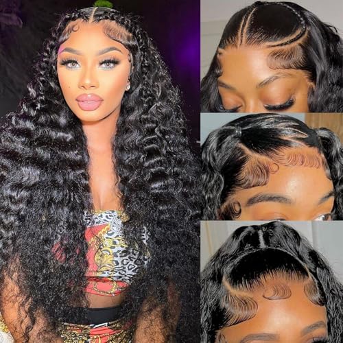 XVE 30 Inch Deep Wave Lace Front Wig Human Hair 13x4 Lace Front Wigs Human Hair Pre Plucked 200% Density Wet And Wavy Wigs Transparent Lace Frontal Curly Wigs For Women Glueless Wig Natural Black