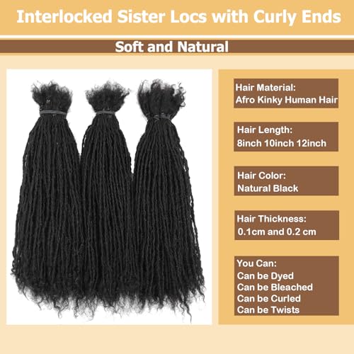 8-12 Inch Sister locs Human Hair Handmade Interlock Locs Curly Tips Sister Locs Real Human Hair Microlocs Extensions Permanent Dreadlock Extensions Natural Soft Looking (0.2cm,12 Inch-40 Strands)