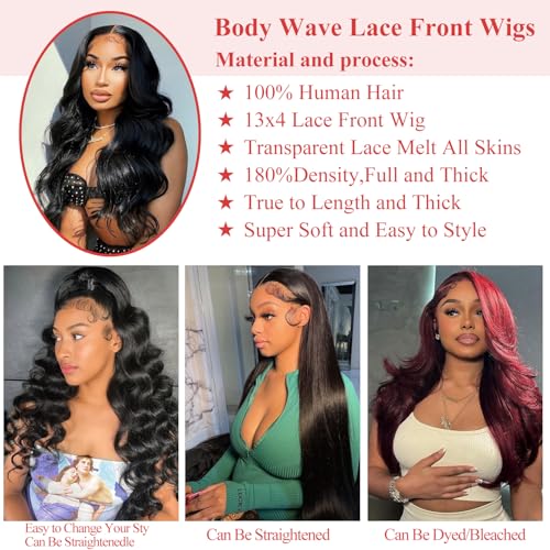 13x4 Lace Front Wig Human Hair Body Wave Natural Black 180% Densit HD Transparent Lace Pre Plucked Glueless Wigs Brazilian Virgin Human Hair for Women 18inch