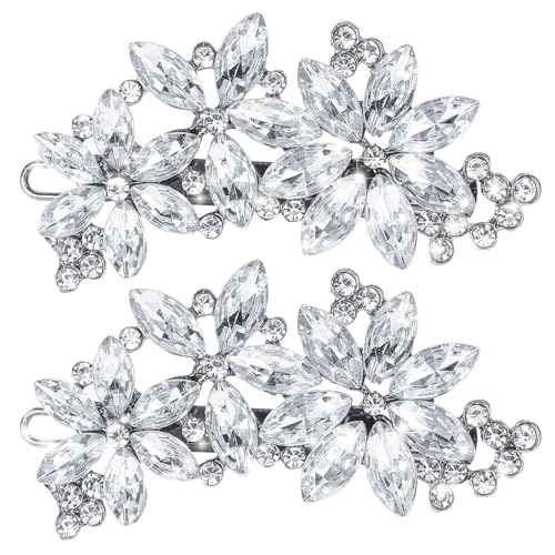 2 Pcs Rhinestone Hair Clips Silver Bride Wedding Hair Barrettes Crystal Flower Hair Accessories French Rhinestone Star Bridal Hairpins Hair Decorative for Women Girls Prom Jewelry Long Thick Ha
