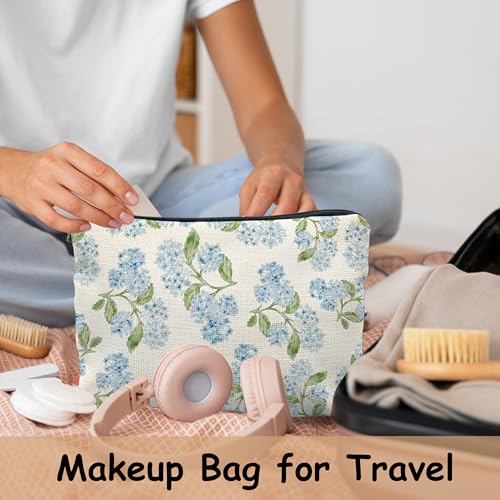 Blue Hydrangea Flower Makeup Bag for Women, Preppy Blue Floral Cosmetic Bags, Hydrangea Gifts for Women Zipper Makeup Pouch for Purse