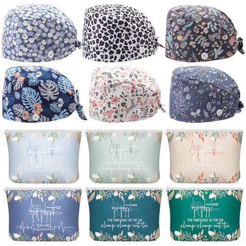 12 Pcs Nurse Appreciation Gift Set Adjustable Scrub Caps with Canvas Makeup Bags Christmas Thank You Gift Bulk for Nurse Doctor Staff Medical Surgical Technologist Holiday Party Favors