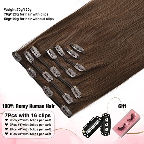 Remy Brown Clip in Hair Extensions Human Hair 120g 7Pcs Medium Brown Silky Straight Human Hair Clip in Hair Extension 22 Inch Human Hair Extensions Clip ins
