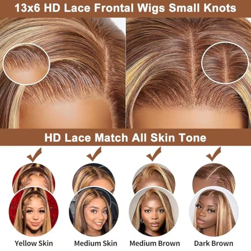 Honey Blonde Ombre Lace Front Wig Human Hair 13x6 HD Transparent Straight Lace Front Wigs Pre Plucked 200% Density 4/27 Colored Human Hair Wig for Women 24 Inch