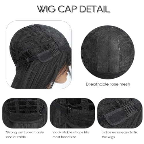 28 inch Long Straight Black and White Cosplay Wig with Bangs Natural Hair Fiber Synthetic Wig for Women and Girls, Perfect for Halloween,Holidays, Festivals, Christmas, Parties, and Cosplay