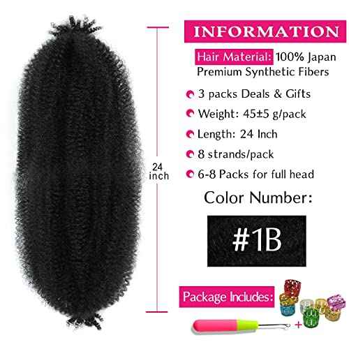 Afro Twist Hair 24 Inch 3 Packs, Springy Afro Twist Hair Pre Fluffed Spring Twist Hair Pre Stretched Wrapping Hair for Soft Locs Hair Extensions (24 Inch (Pack of 3), 1B#)