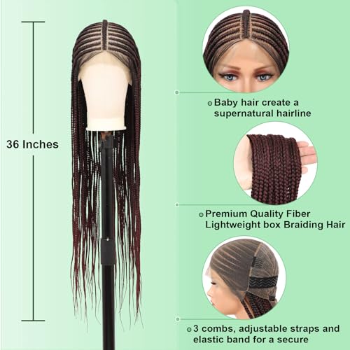 Youthfee 13x8 HD Lace Front Cornrow Braided Wigs for Women Braid Wig with Baby Hair Burgundy Middle Parted Box Braided Wig Premium Synthetic 36 Inch