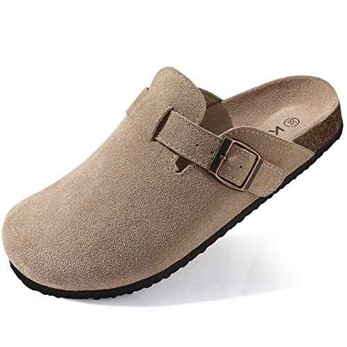 KIDMI Genuine Suede Clogs for Women Cork Footbed Sandals Leather Mules Potato Shoes with Arch Support