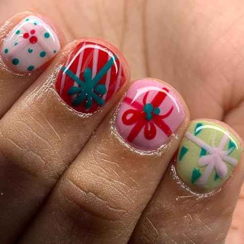 24Pcs Christmas Colorful Press on Nails Short Square Fake Nails YIHONGYAN with Cute Knot Polka Dots Design Glossy False Nails Acrylic Nails Full Cover Glue on Nails Stick on Nails for Women