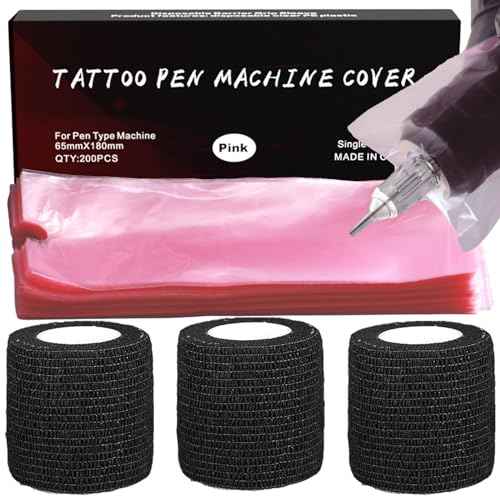 Large Pen Bags with Grip Tape Wraps - NAQASE 200pcs Pink Large Machine Pen Covers Pen Sleeves Covers Wrap and 3pcs Bandages Elastic Grip Tape Wraps