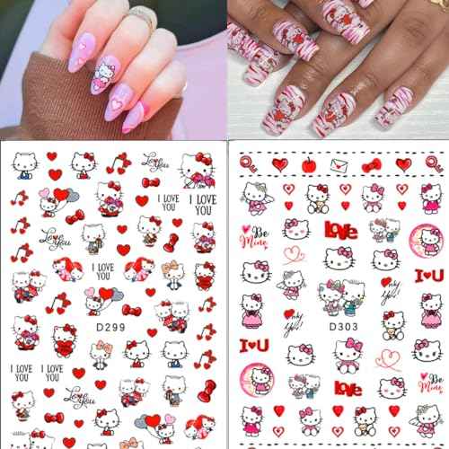 10 Sheets Valentines Nail Art Stickers Cute Nail Stickers 3D Self-Adhesive Cute Heart Nail Art Design Kawaii Nails Supplies Cartoon Nail Decals for Women Girls DIY Manicure Chrams