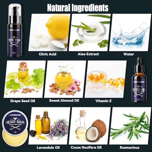 Lionmane Beard Care Christmas Gifts Kit for Men, Beard Mustache Grooming Kit-Beard Balm, Beard Wash, Beard Oil, Brush, Scissors, Birthday Anniversary Thanksgiving Gifts for Husband/Boyfriend/Dad/Him