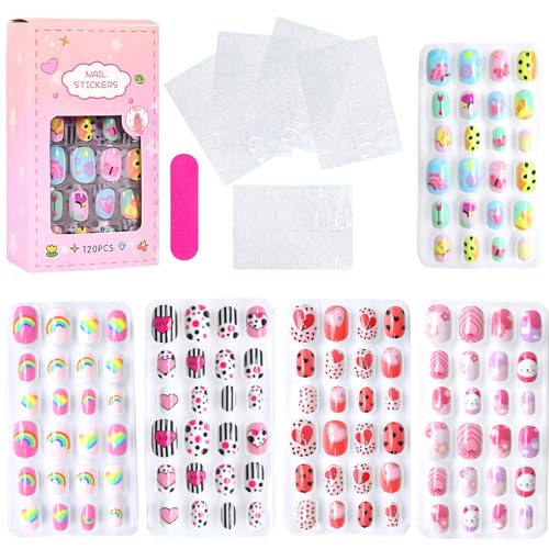 AddFavor 120pcs Press on Nails for Kids, Full Cover Short Fake Nails for Kids Cute Acrylic Nails Press ons Nail Kit for Children Little Girls Nail Art Decoration