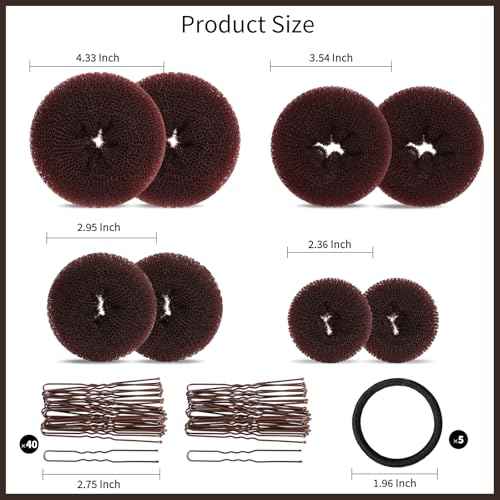 FANDAMEI Hair Bun Maker Set- 8 PCS Hair Donuts for Buns (2 Extra-large,2 Large,2 Medium and 2 Small), 40 PCS Bobby Pins, 5 PCS Hair Elastic Ties Black,Bun Maker - Brown