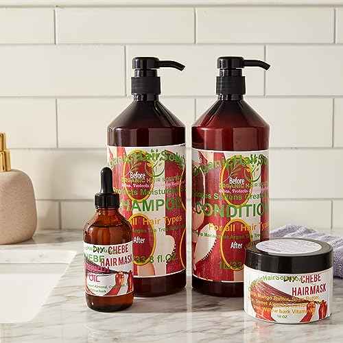 Organic Hair Solution-CHEBE Hair Growth Set - Shampoo- Conditioner-Oil & Hair Mask Leave in Cream- Castor Oil- Mango Butter-Tea Tree-Willow Bark-Rice milk-For Stronger, Thicker Longer Hair-Healthier