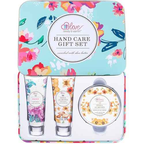 BODY & EARTH # LOVE Hand Cream Gift Set for Women, Hand Lotion Gift for Mothers Day, Travel Size Lotion, Repair & Moisture Dry Hands, 2 Hand Cream & Exfoliating Cream, Skin Care Birthday Gift for Her
