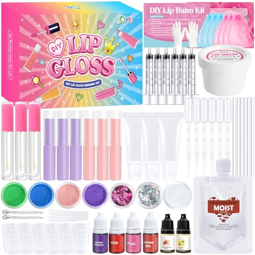 JCOOS Lip Gloss Making Kit and Lip Balm Making Kit, Make Your Own Lip Gloss Kit, Lip Balm Kit, Lipgloss Tubes, Moisturizing Base, Glitter, Kids Makeup Lipgloss Sets for Girls, Fun Stuff for Teens Gift