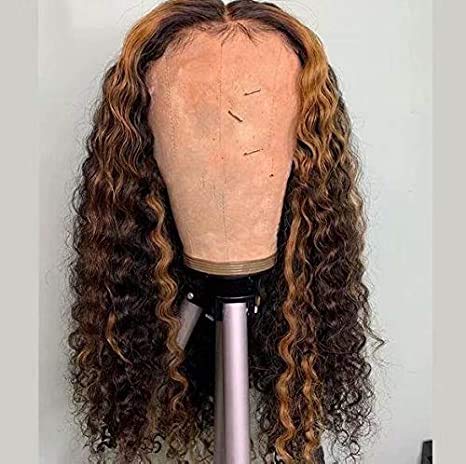 180 Density Highlight Curly Lace Front Wigs for Black Women Pre Plucked Ombre Blonde Colored Wigs 4T27 Brazilian Remy Human Hair Wig (22 Inch, 13X4 Lace Front Wig)