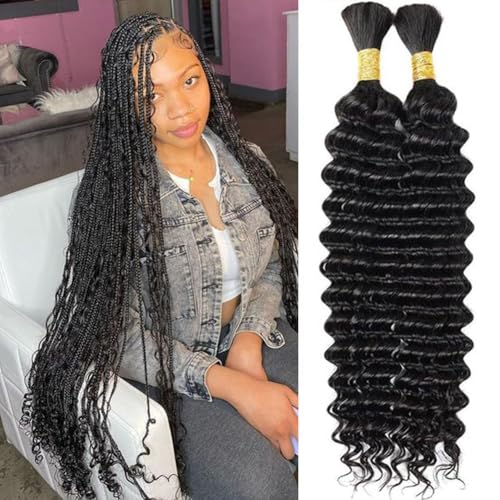 Human Braiding Hair Deep Wave Bulk Human hair for Braiding Natural Black Color No Weft Human Hair Bundles Micro Virgin Human Hair Extension for Boho Braids (100g(2bundles), 26 Inch)